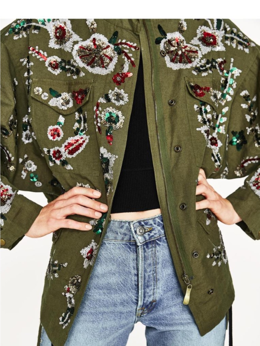 Zara Embellished Olive Military Jacket -